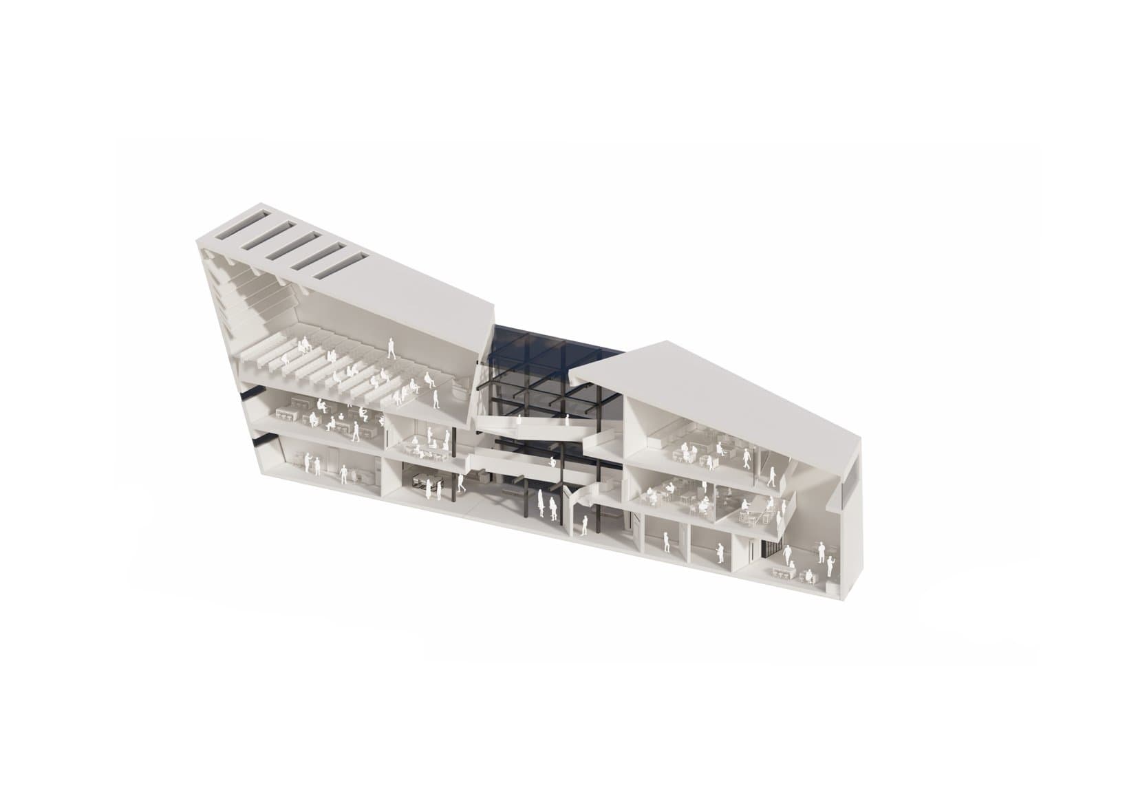 The Split Frame axonometric study showing the retrofit intervention