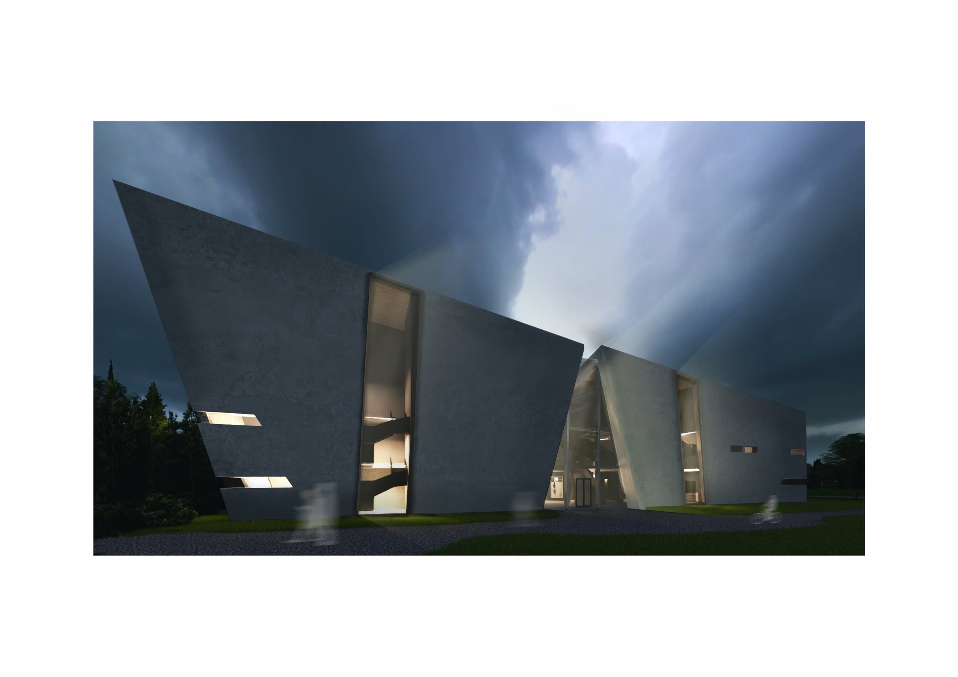 The Split Frame primary exterior render at dusk
