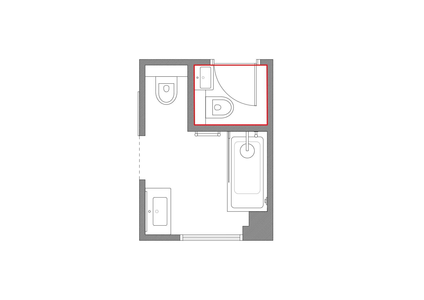 Proposed plan, the new compact guest WC subdivision highlighted