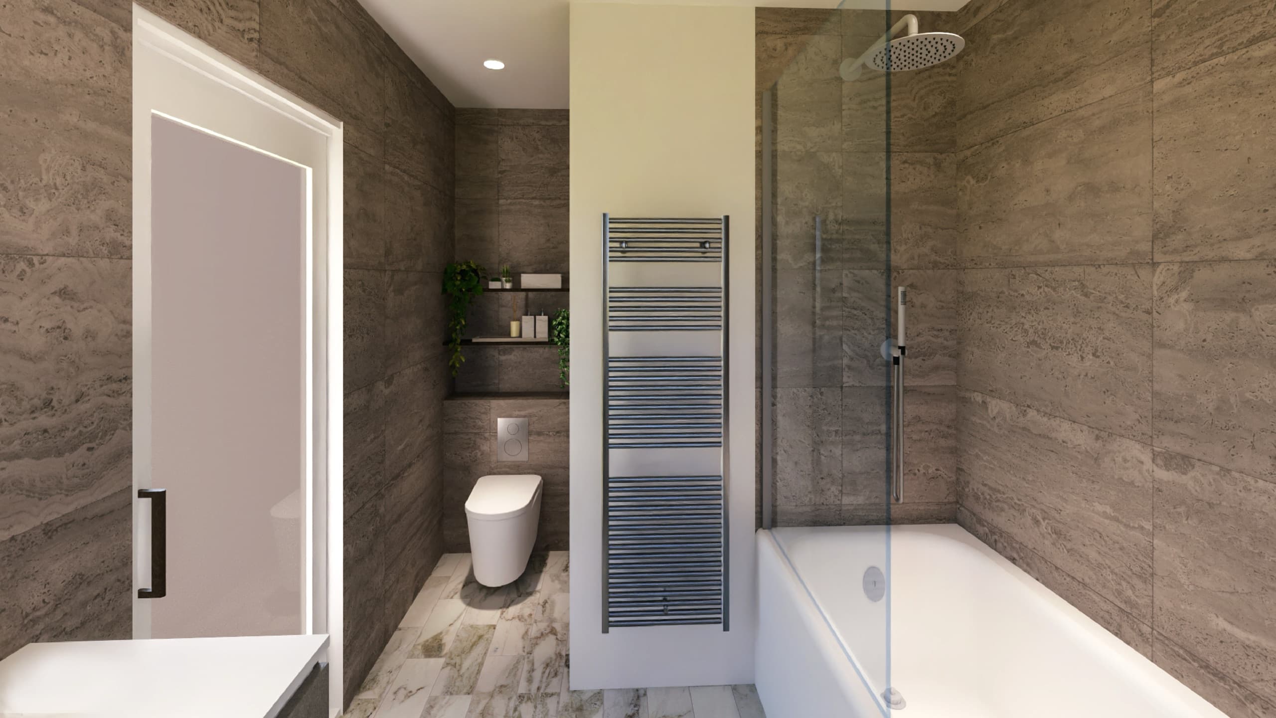 En-suite, full view across the bath, WC and circulation