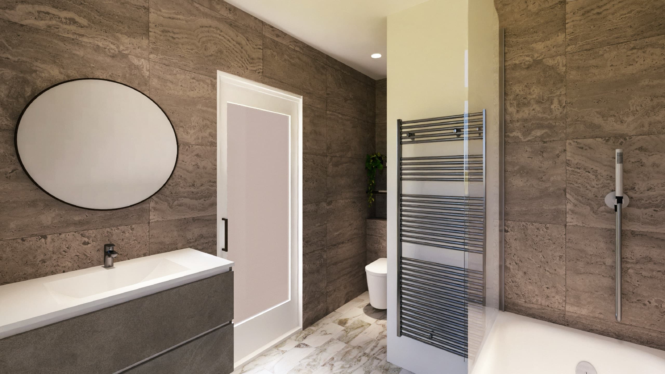 En-suite vanity and oval mirror with the concealed WC beyond