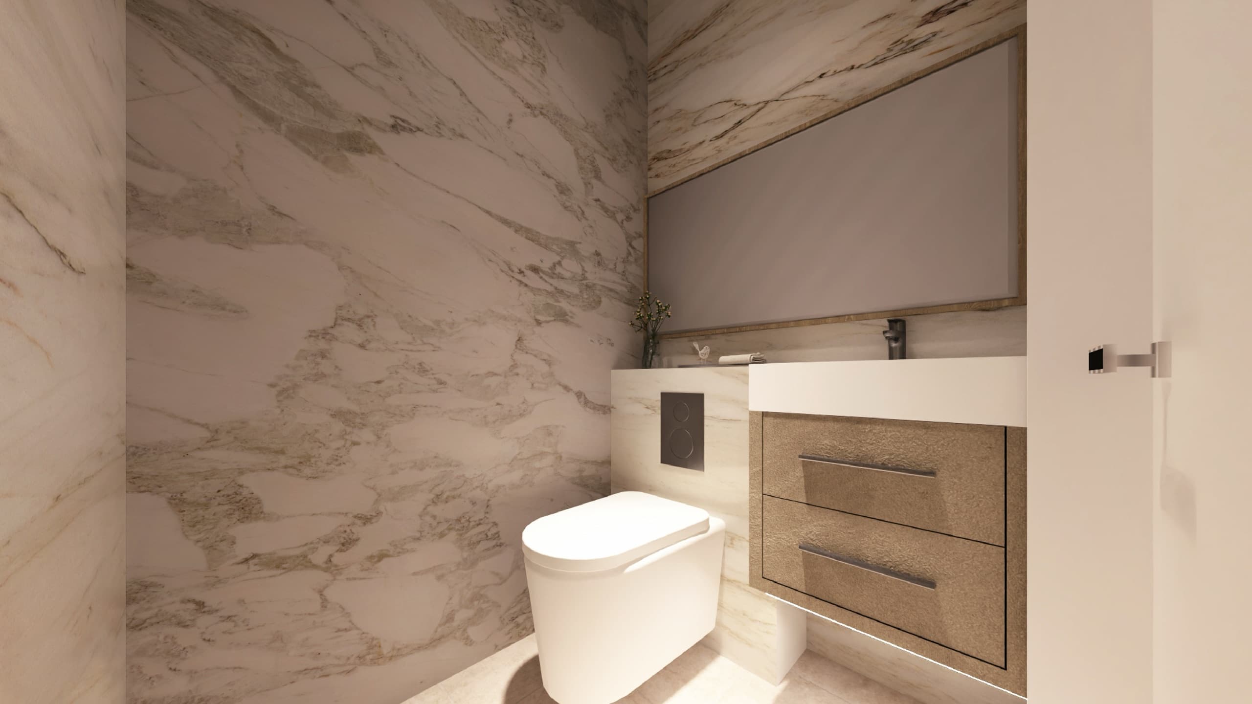 Guest WC, WC and vanity against book-matched marble